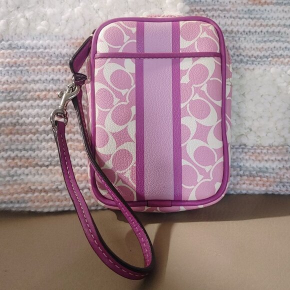 Coach Wristlet Mini Nolita Signature Canvas Iris Pink White Print Zip Closure - Picture 2 of 11